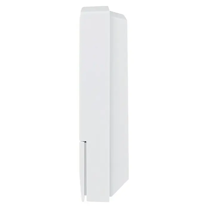 Homematic IP Funk-Raumthermostat HmIP-WTH-B - Weiß, Batteriebetrieben, 22 x 85 x 85 mm - Seitenansicht eines rechteckigen, weißen Wandseifenspenders für Badezimmer und andere Sanitärbereiche.