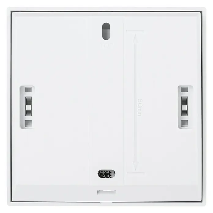 Homematic IP Funk-Raumthermostat HmIP-WTH-B - Weiß, Batteriebetrieben, 22 x 85 x 85 mm - Nahaufnahme der Rückseite einer weißen intelligenten Steckdose mit dem Hinweis "Top" und einer Größenangabe von 60 mm.