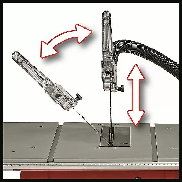 Einhell Sierra circular de mesa TC-TS 2025/2 U - 1.800 W, Diámetro hoja de sierra: 250 mm, Profundidad de corte a 90 °: 85 mm - Hoja de sierra de cinta con guía de hoja transparente ajustable y manguera de extracción negra sobre una mesa de sierra gris.