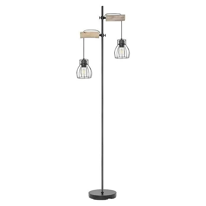 Globo Mina Lámpara de pie - 40 W, Altura: 168 cm, E27 - Lámpara de pie de metal negro con dos brazos de madera rústica y luces de jaula industriales.