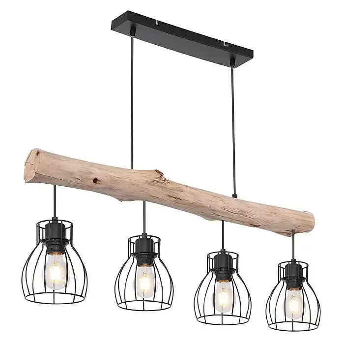 Globo Mina Lámpara colgante - 40 W, L x An x Al: 82,5 x 13,6 x 140 cm, Negro, E27, 4 ud. - Lámpara colgante rústica con viga de madera natural y cuatro luces de jaula de metal negro, con bombillas Edison visibles.