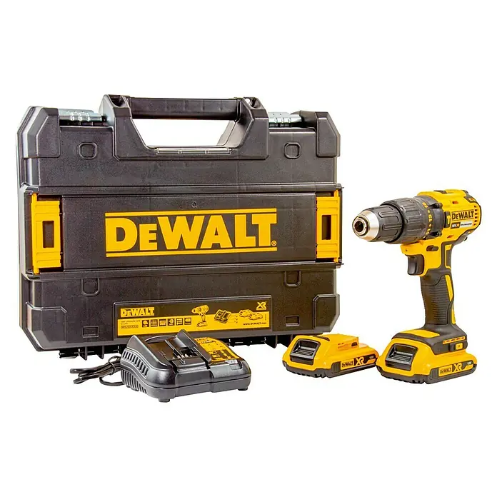 DeWalt XR 18V Taladro atornillador percutor de batería DCD778D2T - 18 V, 2 baterías, 2 Ah, 65 Nm - El taladro atornillador inalámbrico DeWalt con maletín, baterías y cargador. Un conjunto completo para uso profesional.