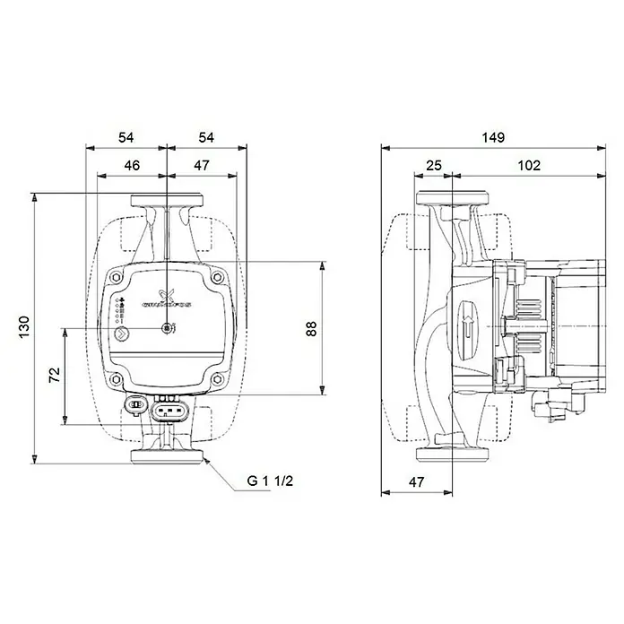 Grundfos Umwälzpumpe Alpha 1 L - Leistungsaufnahme: 4 W - 45 W, Einbaulänge: 180 mm, Förderhöhe: 6 m - Schematische Darstellung einer Heizungspumpe mit Maßangaben für Installation und Austausch.