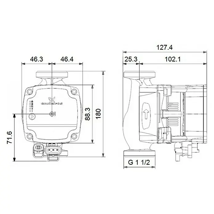 Grundfos Umwälzpumpe Alpha 1 L - Leistungsaufnahme: 4 W - 25 W, Einbaulänge: 180 mm, Förderhöhe: 4 m - Abbildung eines technischen Diagramms einer Grundfos-Pumpe mit detaillierten Maßangaben, die für Installationszwecke wichtig sind.