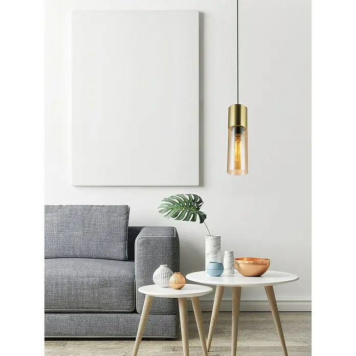 Globo Annika Lámpara colgante - 25 W, Ø x Al: 10,5 x 152,5 cm, Oro, E27 - Elegante lámpara colgante con pantalla de vidrio cilíndrica y detalle dorado, que añade un toque de estilo moderno a cualquier habitación.