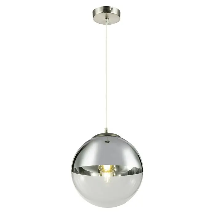 Globo Lámpara colgante redonda Varus - 40 W, Ø x Al: 250 mm x 120 cm, Cromo, E27 - Elegante lámpara colgante con hemisferio cromado y vidrio esmerilado para luz difusa. Ideal para espacios modernos.