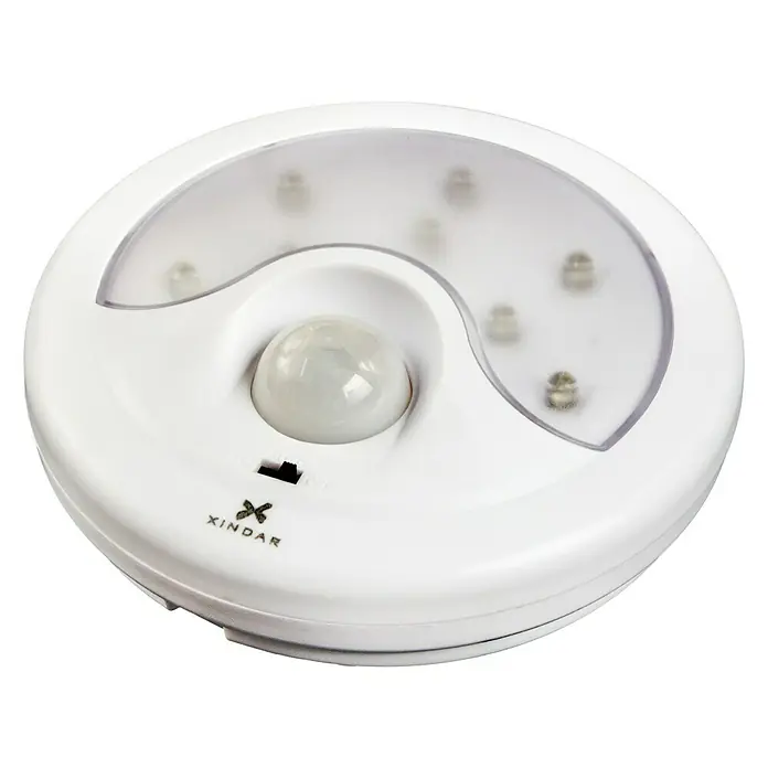 Xindar Sensor de movimiento Portir - Alcance sensor: 5 m, Blanco, Ángulo de detección sensor: 120 °, L x An x Al: 37,5 x 110 x 40 mm - Una luz de sensor XINDAR redonda y blanca con un detector de movimiento y múltiples LED para la iluminación automática.