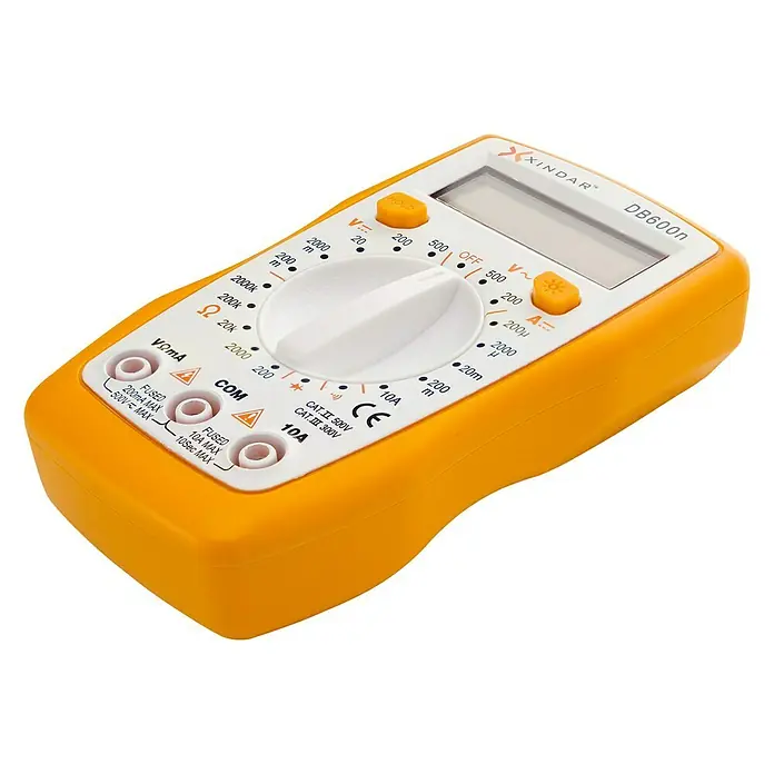 Xindar Multímetro digital Compacto DB600n - Número de polos: 2 ud., Medicion de tensiones de Corriente Alterna y Corriente Continua, IP20 - Multímetro digital amarillo XINDAR DB600n para mediciones eléctricas precisas en electrónica.