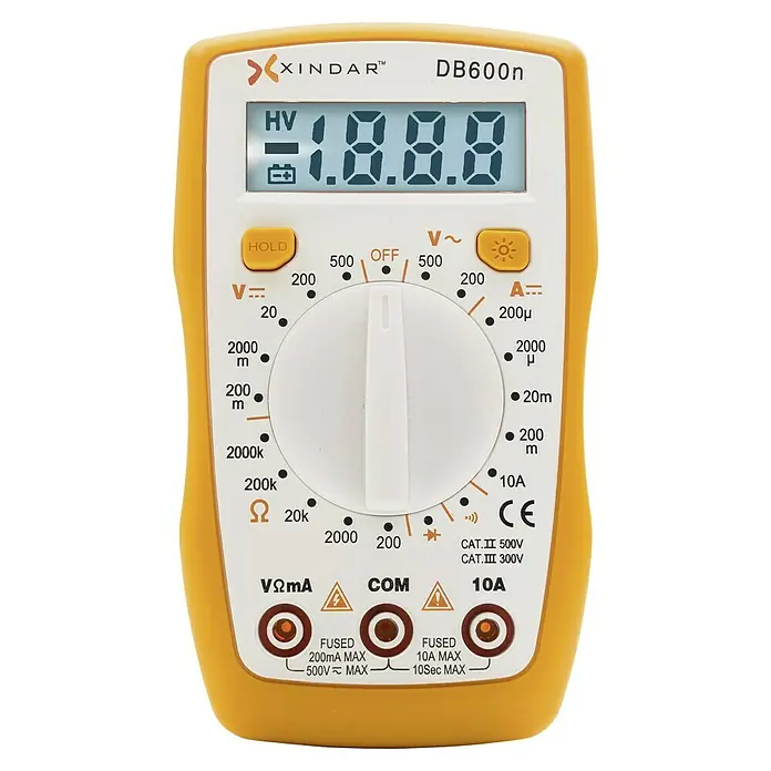 Xindar Multímetro digital Compacto DB600n - Número de polos: 2 ud., Medicion de tensiones de Corriente Alterna y Corriente Continua, IP20 - La imagen muestra un multímetro amarillo XINDAR™ DB600n con una pantalla grande y varios rangos de medición.