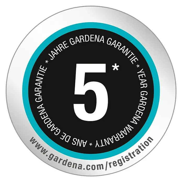 Gardena Hauswasserwerk 3700/4 - 800 W, Max. Fördermenge: 3.700 l/h, 4,1 bar - Bild eines runden Gardena-Logos mit der Aufschrift "5 Jahre Gardena Garantie" und einer Website-Adresse zur Registrierung.