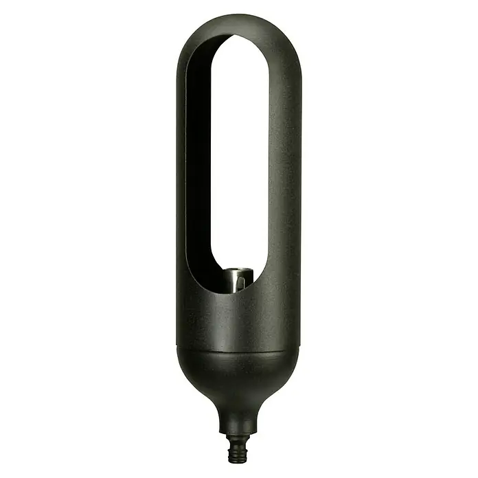 Gardena ClickUp! Gartenfackel - 11,2 x 11,2 x 36,8 cm, Metall - Nahaufnahme eines schwarzen, zylindrischen Behälters mit einer Aussparung in der Mitte, die ein silbernes Bauteil zeigt, mit einem Gewindeanschluss.