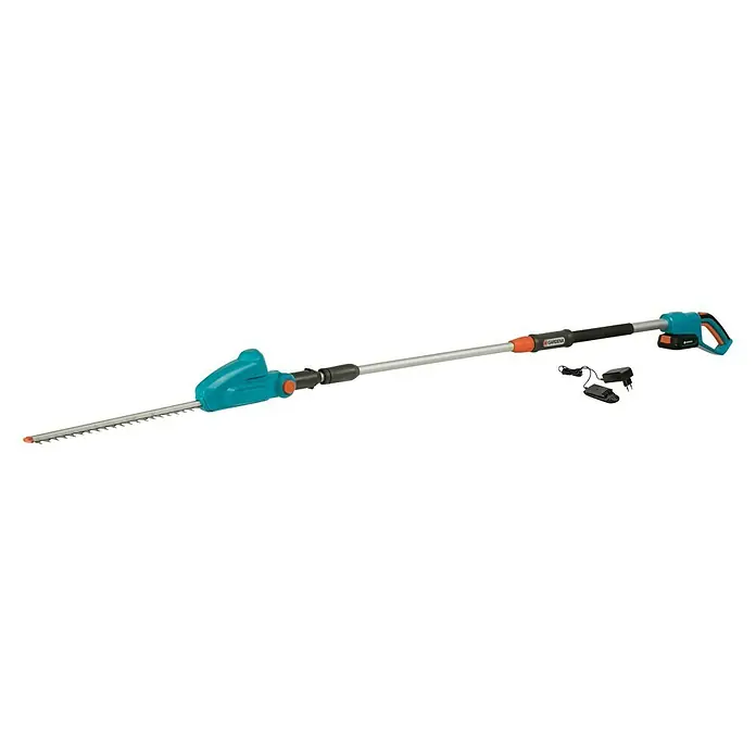 Gardena Power for All 18V Teleskop-Heckenschere - 18 V, 1 Akku, Schwertlänge: 42 cm - Abbildung einer Gardena Akku-Teleskop-Heckenschere mit Akku und Ladegerät. Zum präzisen Schneiden hoher Hecken ohne Leiter.