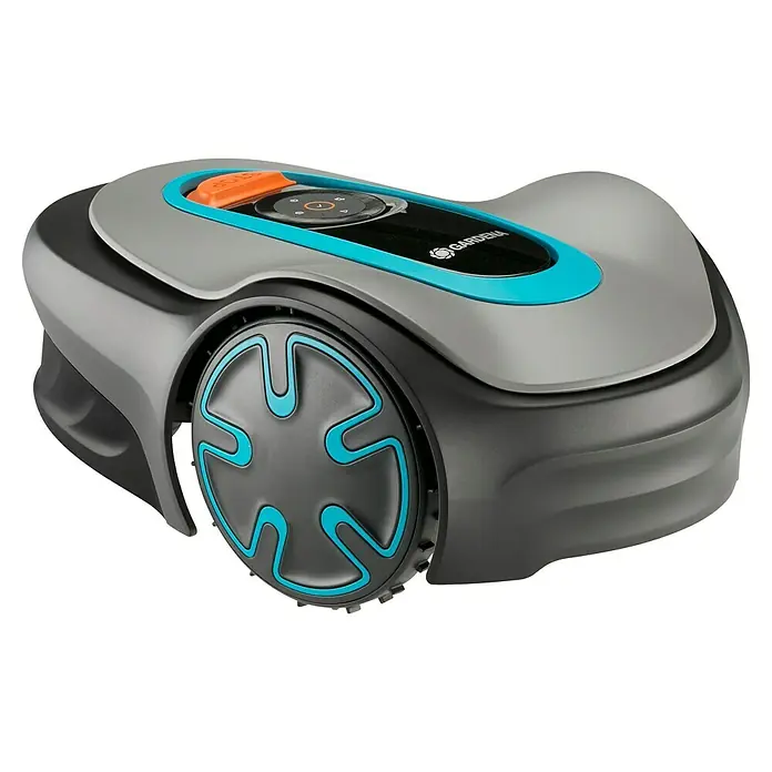Gardena Mähroboter Sileno minimo 500 - 500 m², Schnittbreite: 16 cm, Induktionsgestützte Navigation, Begrenzungskabel - Nahaufnahme eines Gardena Rasenmähroboters mit grauem Gehäuse, blauen Akzenten und einem orangenen Knopf auf schwarzem Hintergrund.