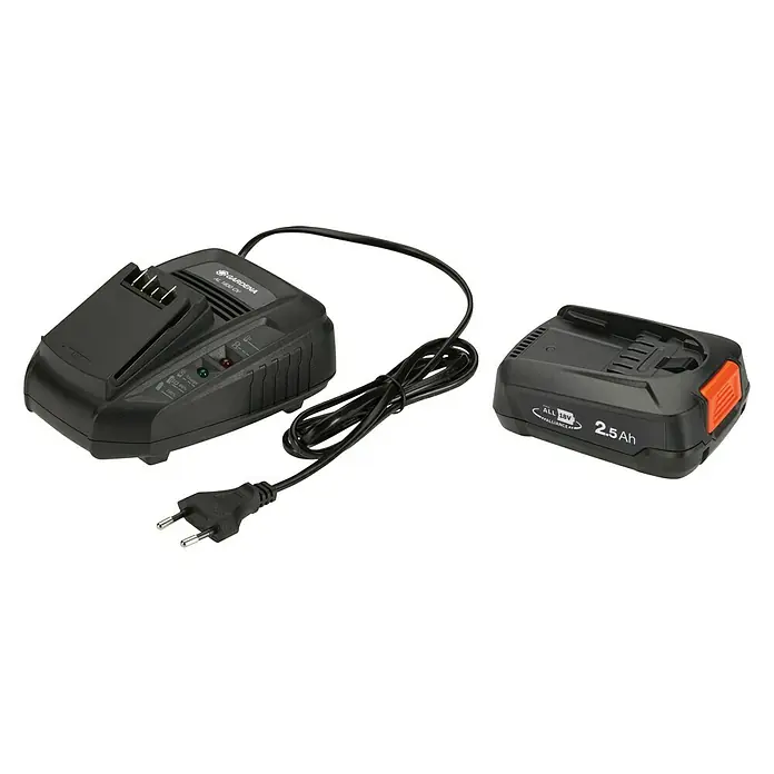 Gardena Power for All 18V Kit de iniciación Starter-Set 18V/45 + AL 1830 CV - 18 V, 2,5 Ah, 1 batería - Imagen de un cargador Gardena y una batería de 18V 2.5Ah, ideal para herramientas de jardinería. Práctico para trabajar sin cables en el jardín.
