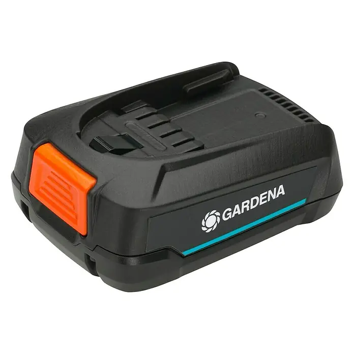 Gardena Power for All 18V Kit de iniciación Starter-Set 18V/45 + AL 1830 CV - 18 V, 2,5 Ah, 1 batería - Primer plano de una batería GARDENA con un botón naranja y el logotipo de GARDENA, ideal para herramientas de jardinería.