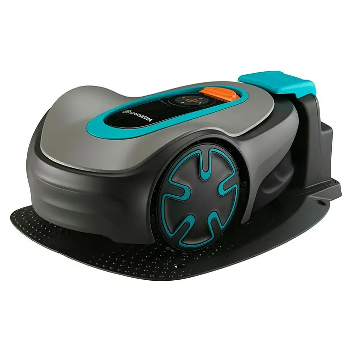 Gardena Mähroboter Sileno minimo 250 - 250 m², Schnittbreite: 16 cm, Induktionsgestützte Navigation, Begrenzungskabel - Nahaufnahme eines grauen Gardena Mähroboters mit blauen Akzenten.