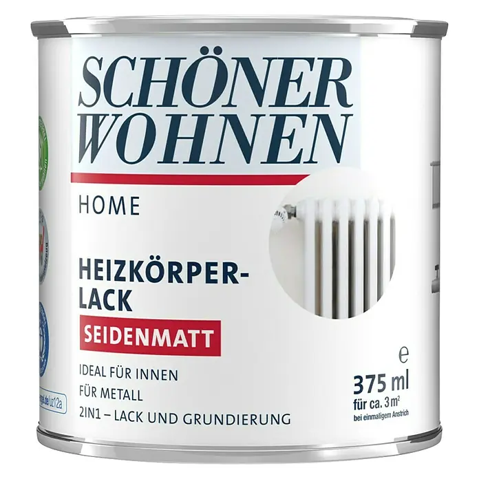 SCHÖNER WOHNEN-Farbe Home Heizkörperlack - Weiß, Seidenmatt, 375 ml, Wasserbasiert - Dose Schön Wohnen Heizkörperlack seidenmatt mit weißem Heizkörpermotiv und Angaben zu Füllmenge und Ergiebigkeit.