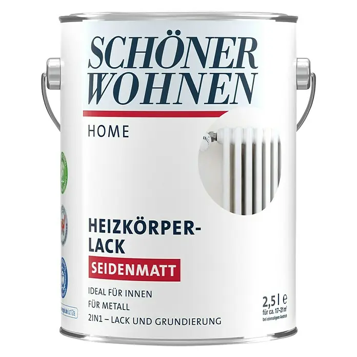 SCHÖNER WOHNEN-Farbe Home Heizkörperlack - Weiß, Seidenmatt, 2,5 l, Wasserbasiert - Abbildung einer Dose SCHÖNER WOHNEN Heizkörperlack Seidenmatt, ideal für Innenräume und Metall, 2in1 Lack und Grundierung.