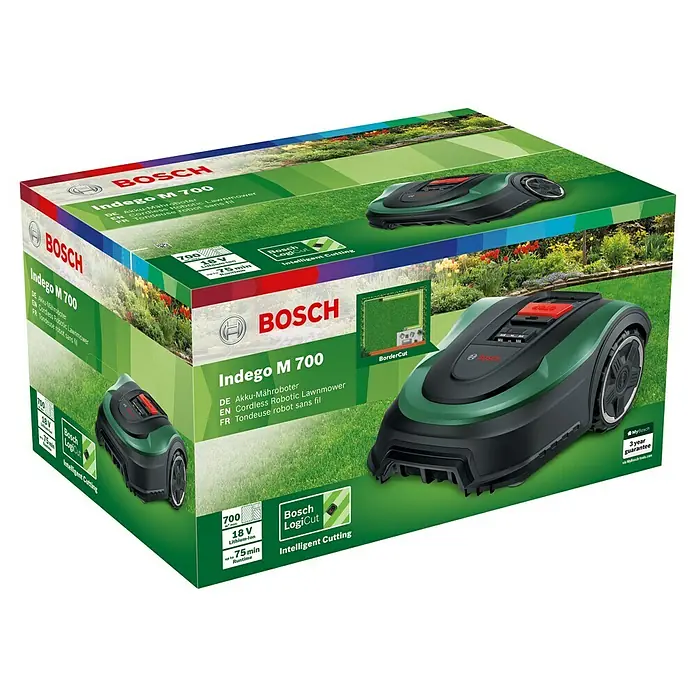 Bosch Mähroboter Indego M 700 - 700 m², Schnittbreite: 19 cm, Induktionsgestützte Navigation, Begrenzungskabel - Verpackung des Bosch Indego M 700 Mähroboters, mit Produktbildern und technischen Daten für Gärten bis 700 m².