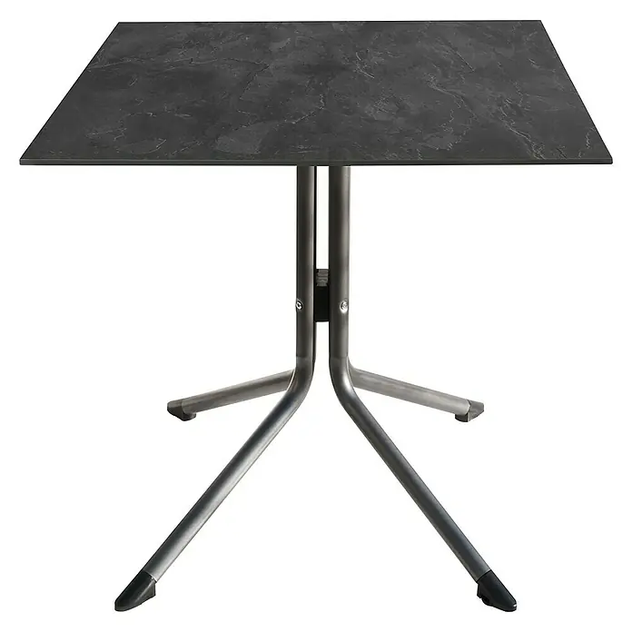 Balkontisch Bistro - L x B x H: 65 x 65 x 71 cm, Hochdruck-Schichtpressstoff (HPL), Eckig, Anthrazit - Quadratischer Tisch mit einer dunklen Tischplatte und einem stabilen Metallfuß, ideal für den Innen- und Außenbereich.