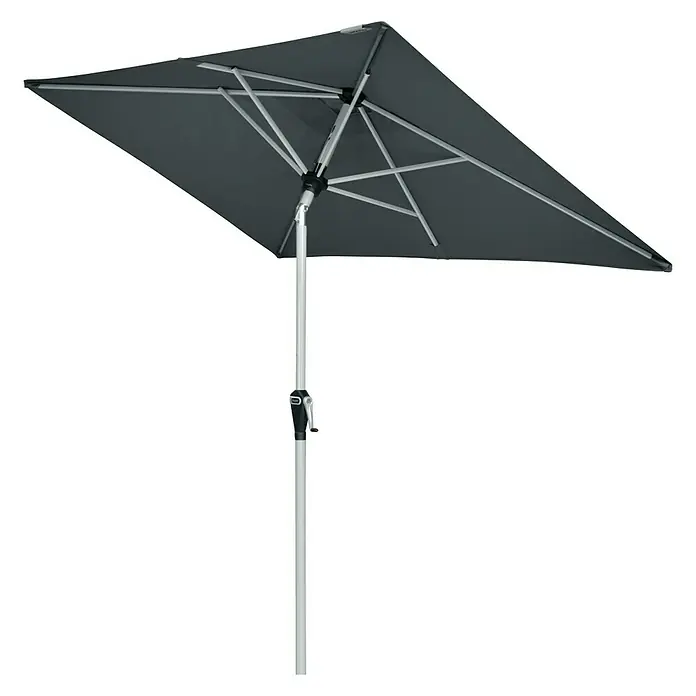 Doppler Active Marktschirm Auto Tilt - Anthrazit, Bespannungsmaß (L x B): 210 x 140 cm - Grauer rechteckiger Sonnenschirm mit silberfarbenem Gestell und Handkurbel vor schwarzem Hintergrund.