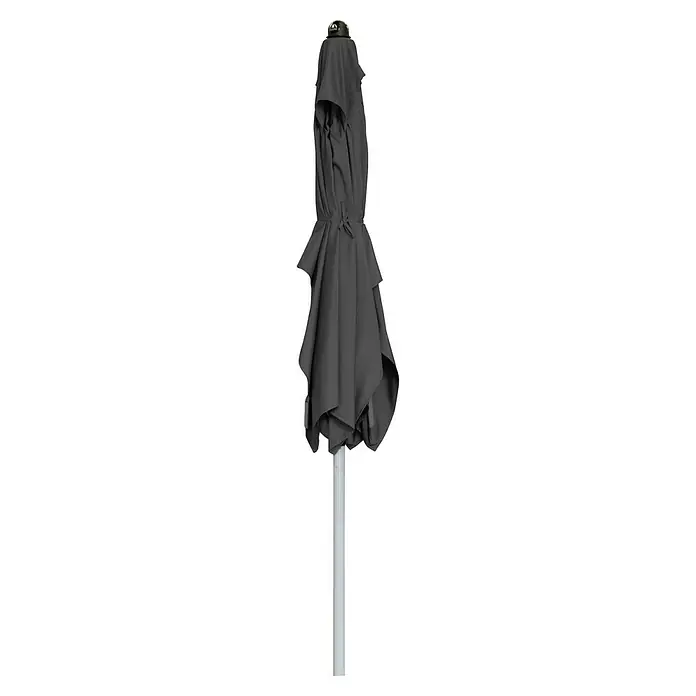 Doppler Active Marktschirm Auto Tilt - Anthrazit, Bespannungsmaß (L x B): 210 x 140 cm - Ein zusammengefalteter grauer Gartenschirm mit einem silberfarbenen Mast. Der Schirm ist mit einem Band zusammengebunden.