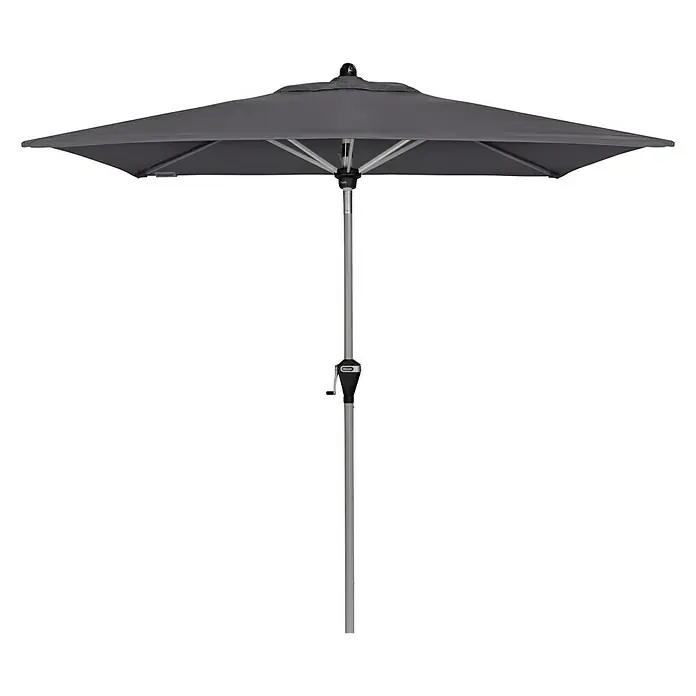 Doppler Active Marktschirm Auto Tilt - Anthrazit, Bespannungsmaß (L x B): 210 x 140 cm - Hier ist ein quadratischer, grauer Sonnenschirm mit einem silbernen Mast, der Schatten und Schutz vor der Sonne bietet.