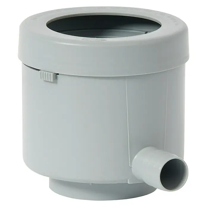 Garantia Füllautomat De Luxe - Grau, Geeignet für: Fallrohrgrößen DN 70 - 100 - Grauer Siphon mit rundem Design und seitlichem Abfluss, ideal für Sanitäranlagen. Robuste Konstruktion für langanhaltende Nutzung.