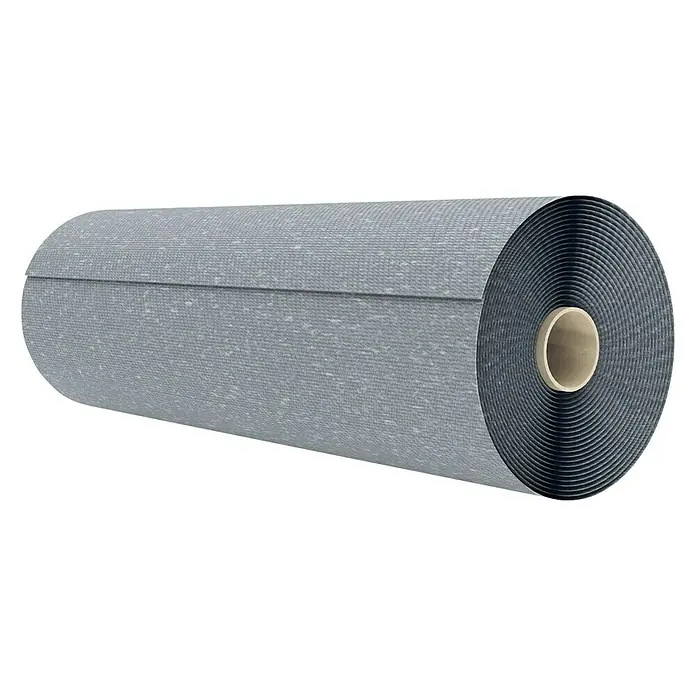Garantia Geotextil - L x B: 5 x 4 m - Eine Rolle graue Dachbahn vor einem schwarzen Hintergrund, ideal für Bau- und Renovierungsprojekte, die eine zuverlässige Abdichtung erfordern.