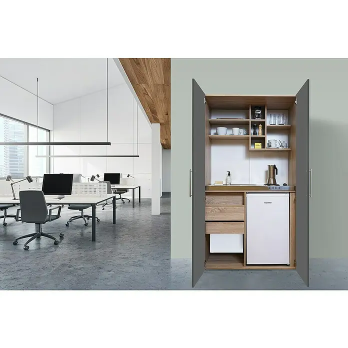 Respekta Schrankküche Peter - Breite: 104 cm, Grau/Eiche, Mit Duo-Kochmulde und Mikrowelle - Bürointerieur mit modernem Miniküchenschrank. Der Schrank beinhaltet einen Kühlschrank, Ablageflächen und Schubladen für Bürobedarf oder Verpflegung.