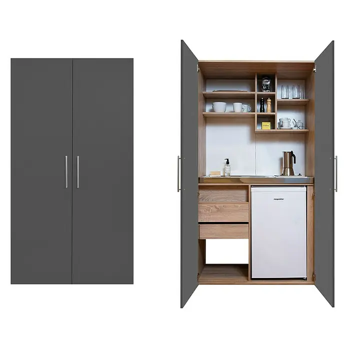 Respekta Schrankküche Peter - Breite: 104 cm, Grau/Eiche, Mit Glaskeramikkochfeld und Mikrowelle - Grauer Küchenkabinett-Schrank mit integriertem Kühlschrank und Regalen für Geschirr und Zubehör. Ideal für kleine Räume.