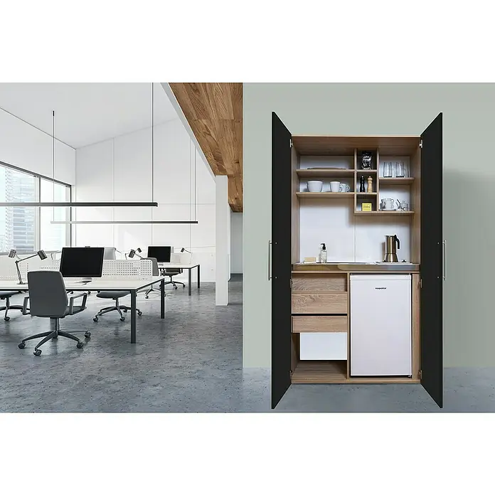 Respekta Schrankküche Peter - Breite: 104 cm, Schwarz/Eiche, Mit Glaskeramikkochfeld und Mikrowelle - Bild eines Büros mit einem modernen, eingebauten Büroschrank in Holzoptik und schwarzen Türen mit Kühlschrank und Ablagefächern.