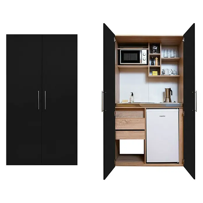 Respekta Schrankküche Peter - Breite: 104 cm, Schwarz, Mit Glaskeramikkochfeld und Mikrowelle - Das Bild zeigt einen Schrank mit einer eingebauten Mikrowelle, einem Kühlschrank und Regalen, ideal für kleine Küchen oder Büros.