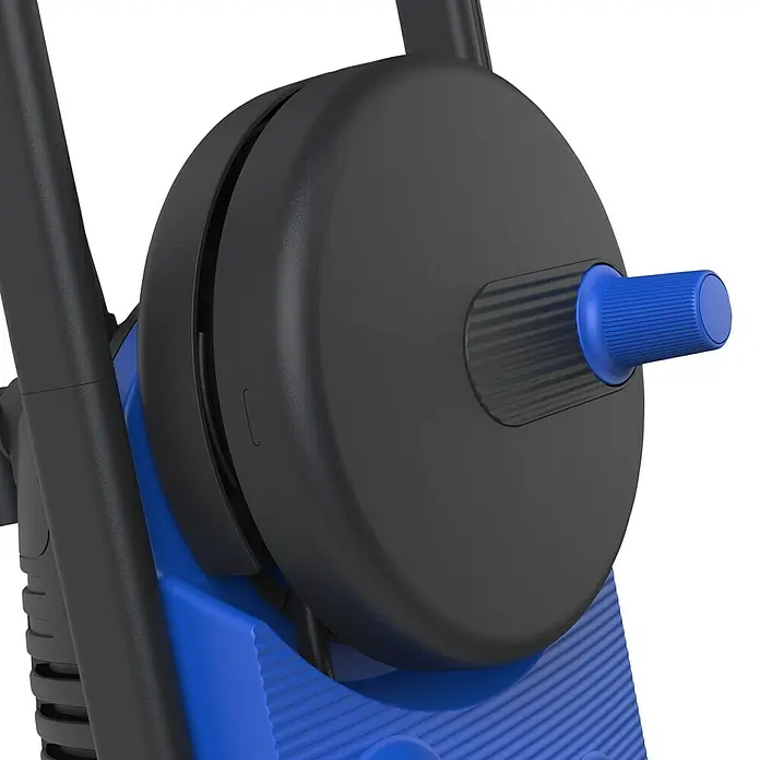 Nilfisk Hidrolimpiadora de alta presión Core 140-6 PowerControl - 1.800 W, Presión máx.: 140 bar, Capacidad de bombeo: 474 l/h - Vista detallada de un enrollador de manguera azul y negro con manivela.