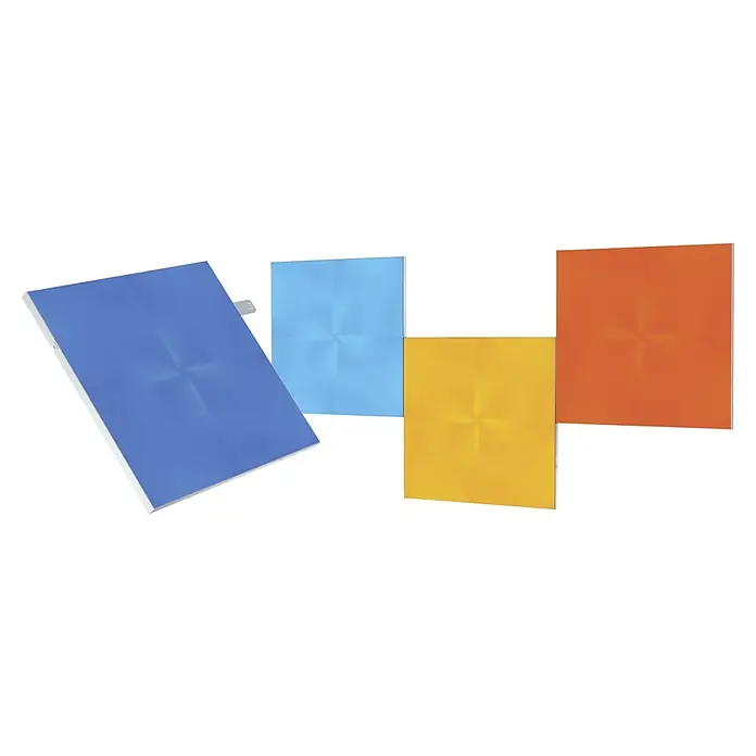 Nanoleaf Erweiterungskit Canvas 4 Panels - 4 Stk., 4 W, Weiß, RGBW, Canvas, Smart Home-fähig: Ja - Ein Arrangement von vier farbigen LED-Paneelen, darunter Blau, Türkis, Gelb und Orange, die für eine stimmungsvolle Beleuchtung sorgen.