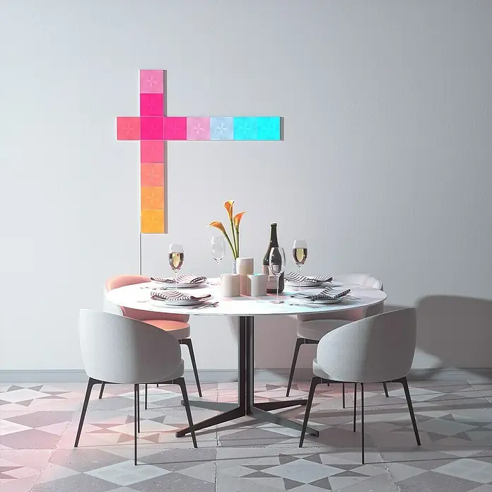Nanoleaf Erweiterungskit Canvas 4 Panels - 4 Stk., 4 W, Weiß, RGBW, Canvas, Smart Home-fähig: Ja - Stimmungsvolles Ambiente mit smarten Nanoleaf Shapes Lichtpaneelen über einem elegant gedeckten Esstisch für ein besonderes kulinarisches Erlebnis.