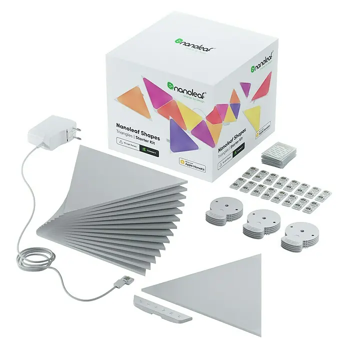 Nanoleaf Starterkit Shapes Triangles 15 Panels - 15 Stk., Weiß, RGBW, Triangles, Smart Home-fähig: Ja - Das Nanoleaf Shapes Triangles Starter Kit, bestehend aus dreieckigen Lichtpaneelen, Steuergerät, Verbindern und Netzteil, für smarte Beleuchtung.
