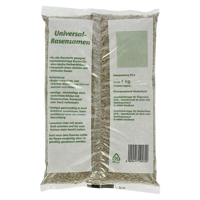 Rasensamen Universal - 1 kg, 30 m² - Bild einer Verpackung Universal-Rasensamen, ideal für dichten, trittfesten Rasen. 1 kg Packung, trocken lagern, hergestellt in Deutschland.