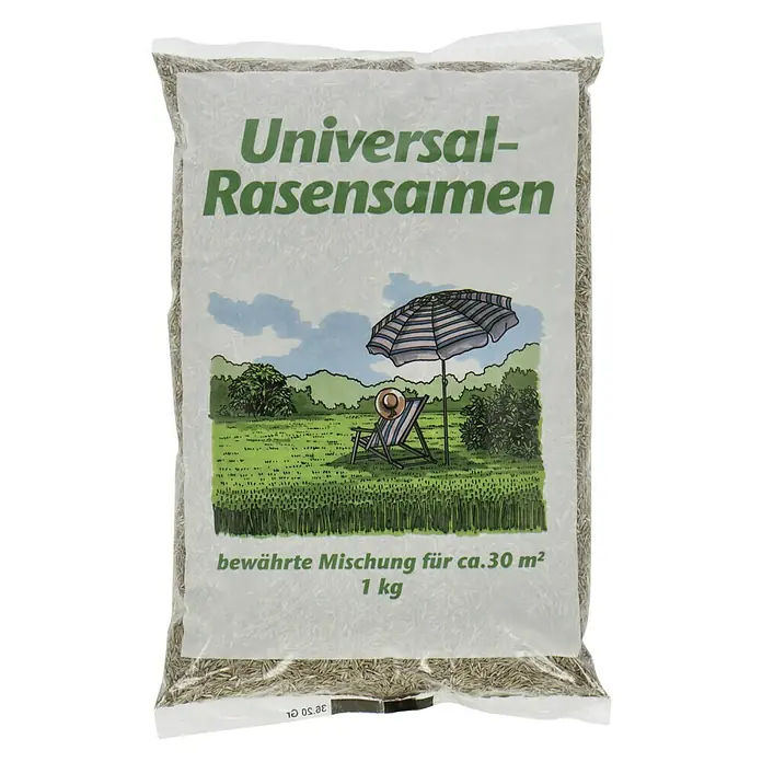 Rasensamen Universal - 1 kg, 30 m² - Eine Packung Universalsamen, die eine Fläche von ca. 30 m² abdecken kann. Ideal für einen dichten, grünen Rasen im Garten.
