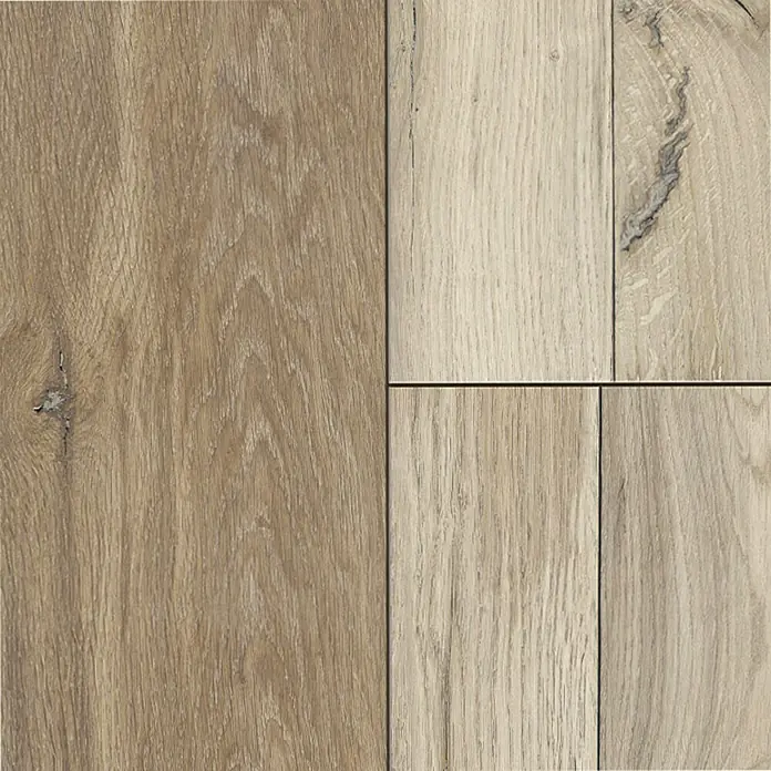 LOGOCLIC Hartvinylboden ElementPro Breakwater - 1.210 x 192 x 4 mm, Landhausdiele, Breakwater - Detailaufnahme von Holzpaneelen in verschiedenen hellen Farbtönen und Maserungen.
