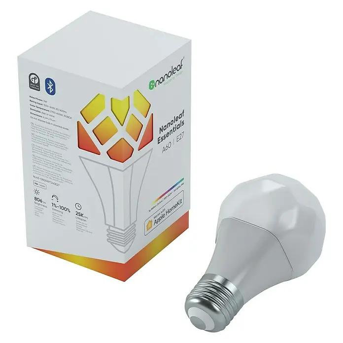 Nanoleaf Smart-LED-Lampen Set Essential E27 - E27, Dimmbarkeit: Dimmbar, RGBW, 806 lm, 9 W, 1 Stk. - Nahaufnahme einer Nanoleaf Essentials A60 E27 Smart Glühbirne mit Verpackung, die ihre Funktionen und ihr Design hervorhebt.