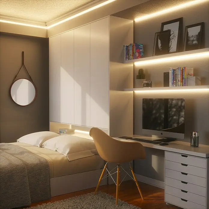 Nanoleaf Smart-LED-Band Essentials Lightstrip Erweiterungskit - 23 W, Weiß, Länge: 1 m, RGBW - Elegantes Schlafzimmerdesign mit integriertem Schreibtisch und Stauraum, beleuchtet durch moderne LED-Beleuchtung, für einen stilvollen Look.