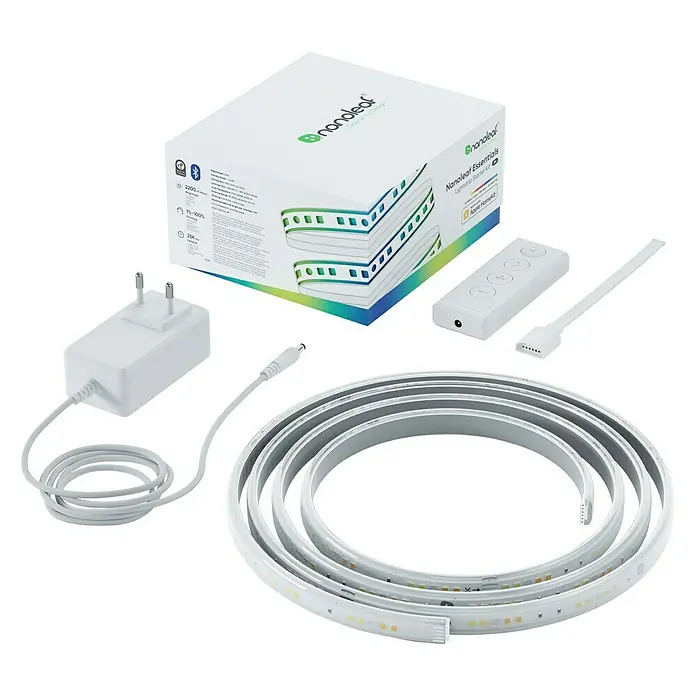 Nanoleaf Smart-LED-Band Essentials Lightstrip Starterkit - 23 W, Weiß, Länge: 2 m, RGBW - Eine Nahaufnahme eines Nanoleaf Essentials Lightstrip Starter Kits, das eine Lichtleiste, ein Netzteil, eine Steuerung und eine Verpackung zeigt.