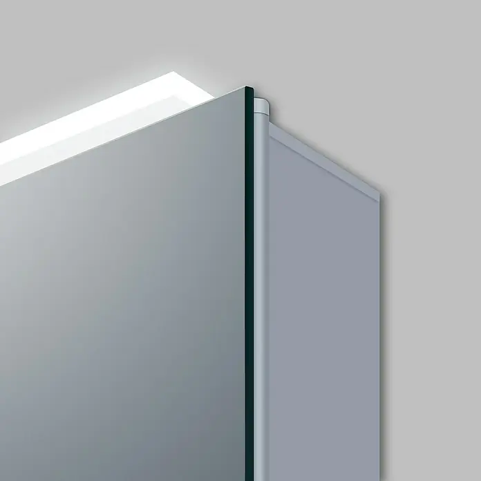 DSK LED-Spiegelschrank Aluminio Vegas - B x H: 70 x 50 cm, Aluminium, Aluminium - Detailaufnahme eines modernen Spiegelschranks mit integrierter Beleuchtung, ideal für stilvolle Badezimmer.