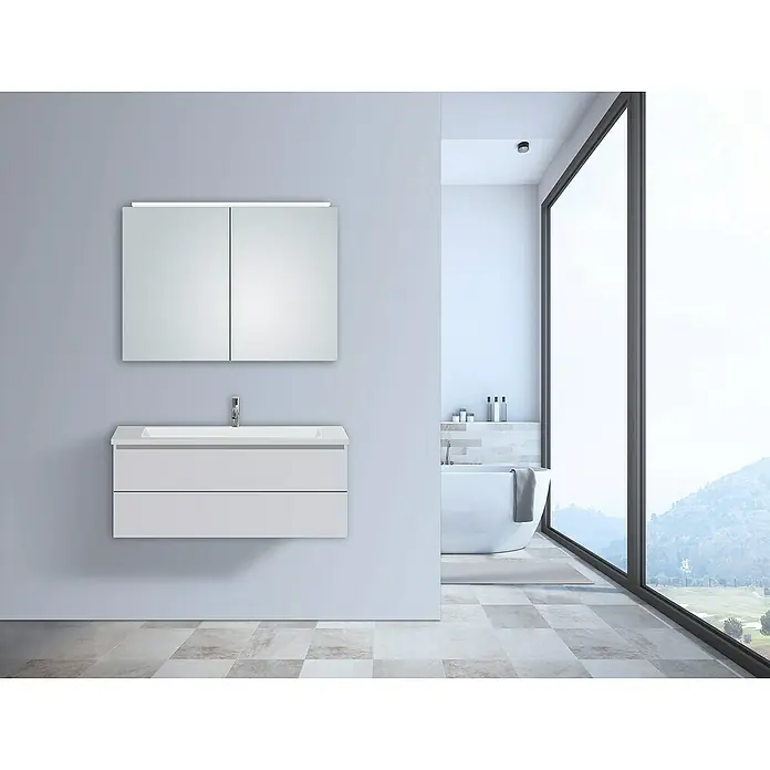 DSK LED-Spiegelschrank Aluminio Vegas - B x H: 70 x 50 cm, Aluminium, Aluminium - Badezimmer-Interieur mit modernem Waschbeckenunterschrank und Spiegelschrank in schlichtem Weiß.