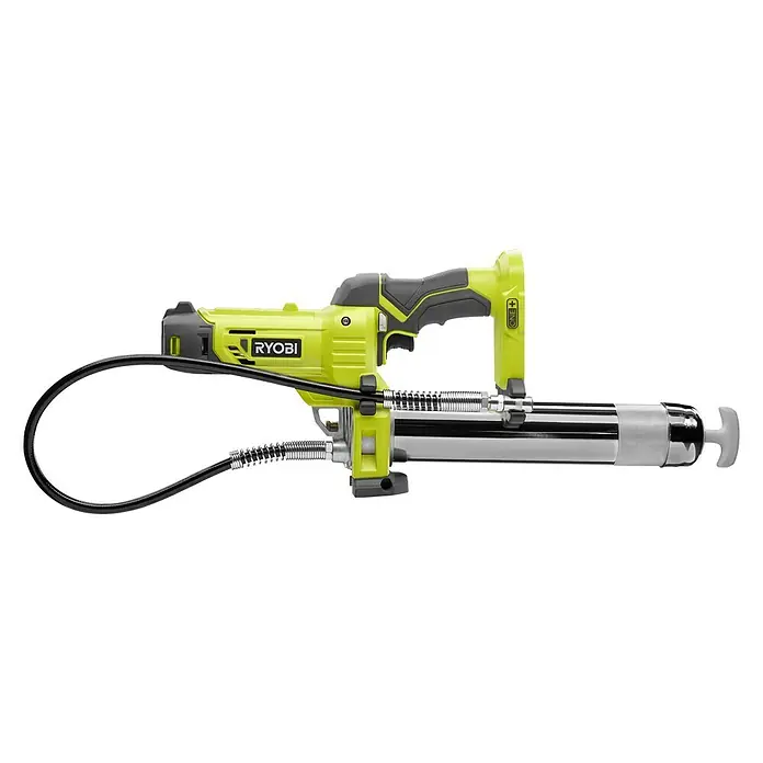 Ryobi ONE+ Maschinenpaket - Akku-Fettpresse R18GG-0 + gratis Starter-Kit - Abbildung einer Ryobi ONE+ Akku-Fettpresse, ideal für die Wartung von Maschinen und Fahrzeugen. Das Gerät ist gelb und schwarz mit einem flexiblen Schlauch.