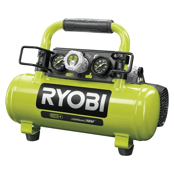 Ryobi ONE+ Maschinenpaket - Akku-Kompressor PRO + gratis Starter-Kit - Ein tragbarer, gelbgrüner Ryobi ONE+ Akku-Kompressor. Ideal für den mobilen Einsatz ohne Kabel, mit Manometer und Druckregler.