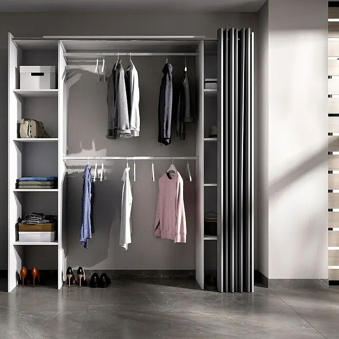 Dekit Armario para ropa Suit - L x An x Al: 50 x 180 x 205 cm, Blanco, Melamina - Un vestidor con ropa colgada, estantes con accesorios y zapatos muestra una solución de almacenamiento organizada y elegante.
