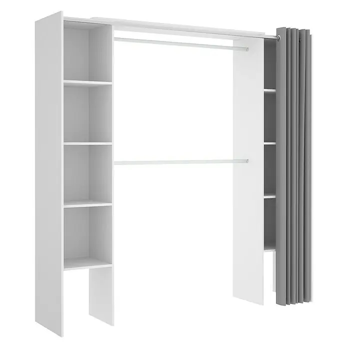 Dekit Armario para ropa Suit - L x An x Al: 50 x 180 x 205 cm, Blanco, Melamina - Un sistema de armario blanco con estanterías abiertas y barras para colgar, perfecto para organizar ropa y accesorios.