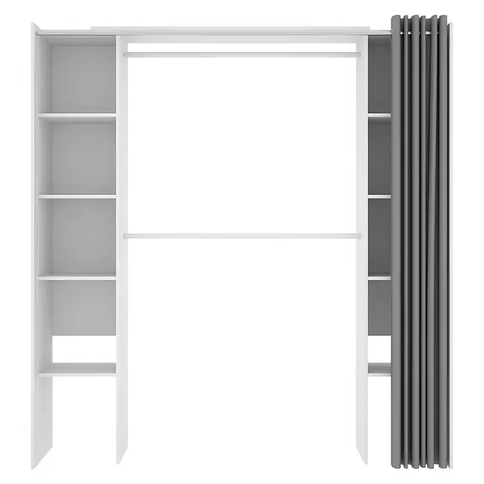 Dekit Armario para ropa Suit - L x An x Al: 50 x 180 x 205 cm, Blanco, Melamina - Un versátil vestidor blanco con estantes y cortina ofrece un espacio de almacenamiento óptimo para ropa y accesorios.